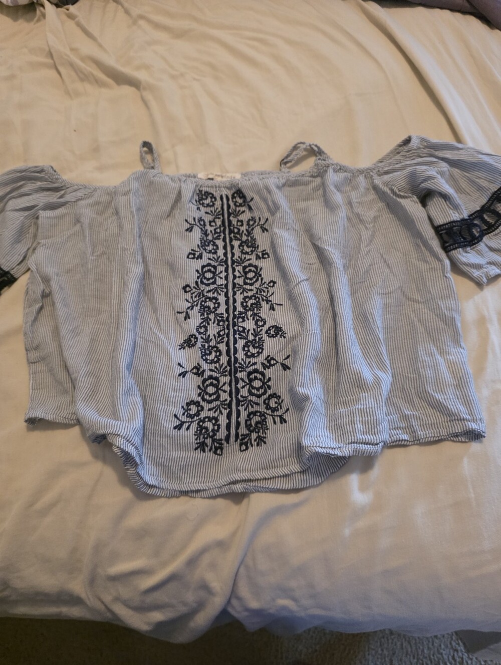 Rewind Striped Boho Cold Shoulder Embroidered Top Size M